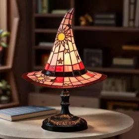 Witch Hat Lamps, Handcrafted Stained Glass Resin Wizard Hat Light Gothic Table Lamp For Halloween Decor, Spooky Night Light For Bedroom And Indoo (Option: red)