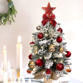 22in Mini Christmas Tree with Lights, Gold Artificial Small Tabletop Christmas Tree with Flocked Snow (Color: Red)