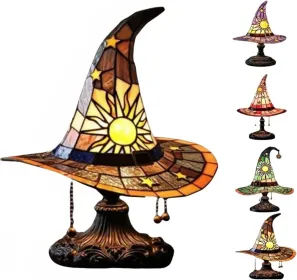 Witch Hat Lamps, Handcrafted Stained Glass Resin Wizard Hat Light Gothic Table Lamp For Halloween Decor, Spooky Night Light For Bedroom And Indoo (Option: yellow)