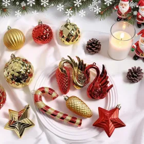 128pcs Christmas Balls Ornaments Set, Shatterproof Plastic Baubles Christmas Flowers, Ribbon Tree Topper For Xmas Tree Holiday Wedding Party Deco (Option: RedGold)